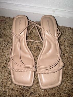 Marc Fisher Twisted-Strap Square Toe Heels in Nude